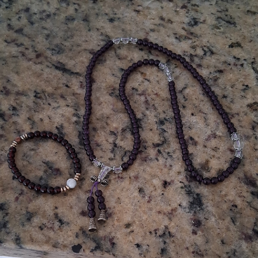 Elegant Purple Beaded Necklace and Bracelet Set Carnier Stone